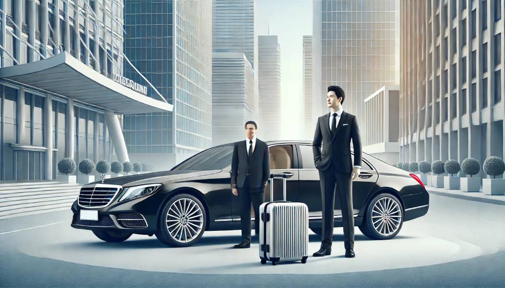 A luxury sedan with a chauffeur in formal attire standing beside it, parked in a cityscape setting near an office building, representing professional and stylish chauffeur-driven car rental services.